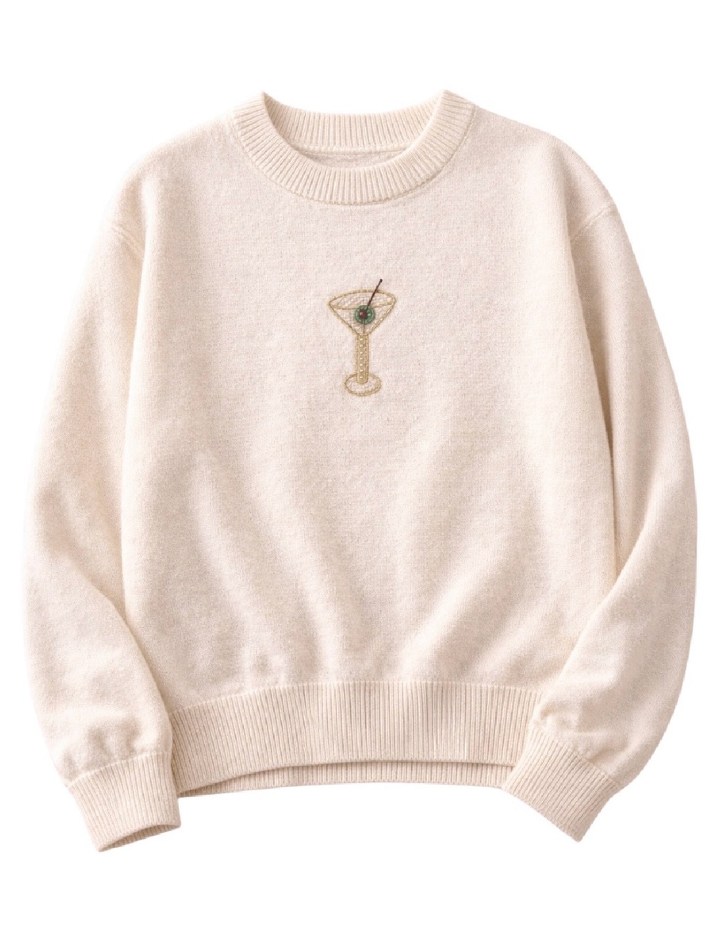 Cream Embroidered Cocktail Motif Crewneck Sweater